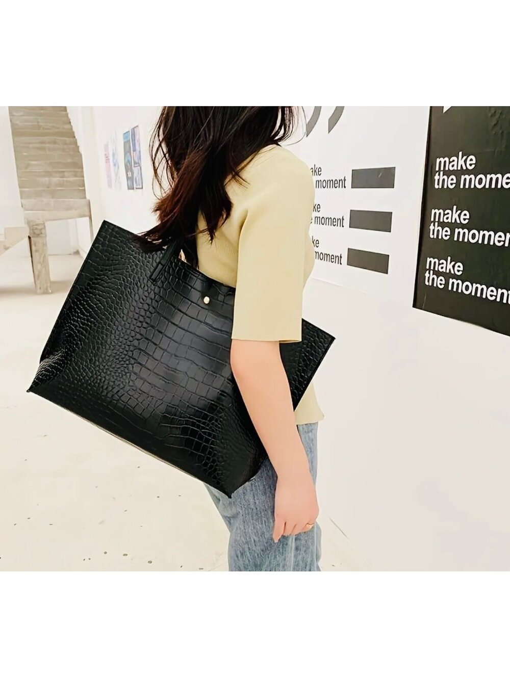 New -Chic Large Capacity Faux Leather Crocodile Pattern Tote/Shoulder Bag -Black